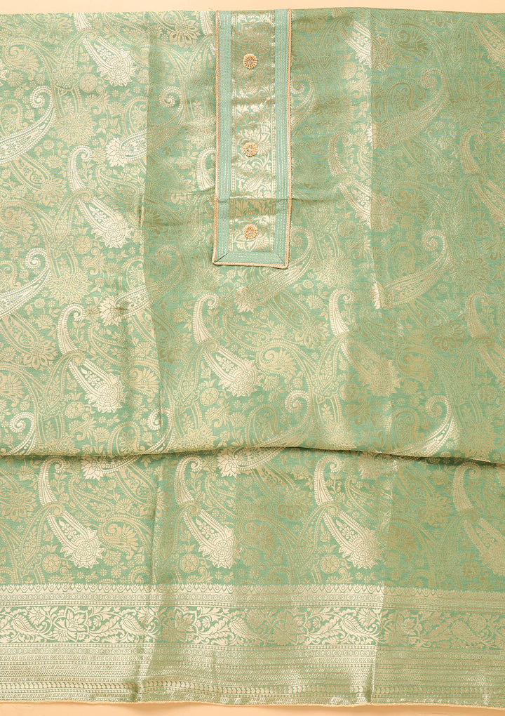 Pista Green Dola Silk Gold Zariwork Unstitched Dress Material With Matching Bottom And Dupatta