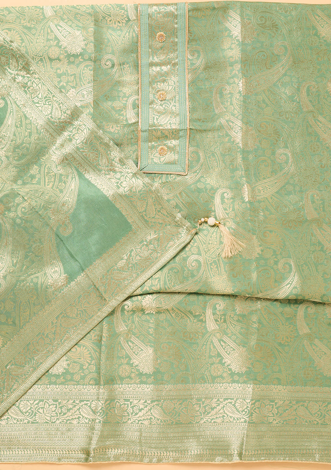 Pista Green Dola Silk Gold Zariwork Unstitched Dress Material With Matching Bottom And Dupatta