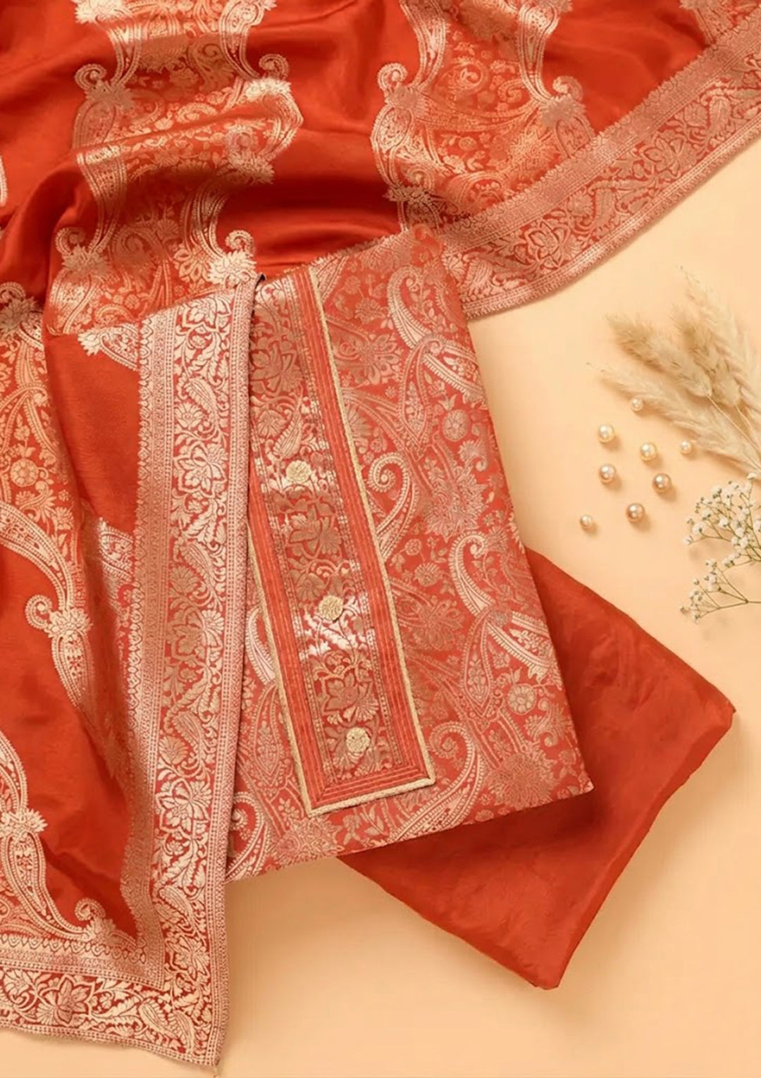 Rust Dola Silk Gold Zariwork Unstitched Dress Material With Matching Bottom And Dupatta