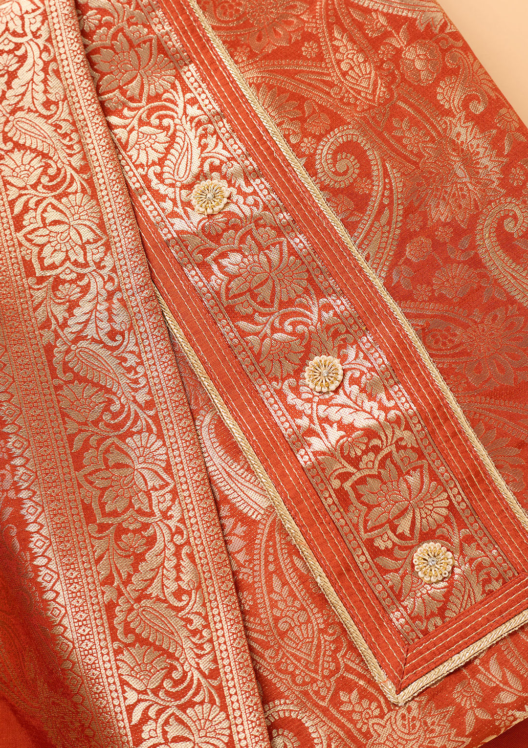 Rust Dola Silk Gold Zariwork Unstitched Dress Material With Matching Bottom And Dupatta