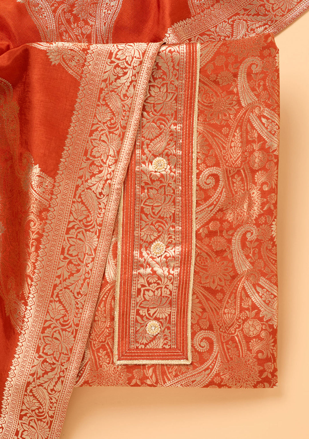 Rust Dola Silk Gold Zariwork Unstitched Dress Material With Matching Bottom And Dupatta