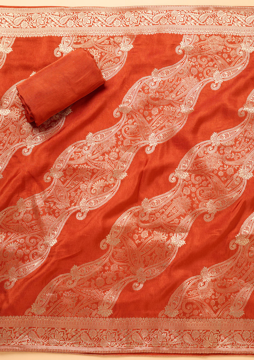 Rust Dola Silk Gold Zariwork Unstitched Dress Material With Matching Bottom And Dupatta