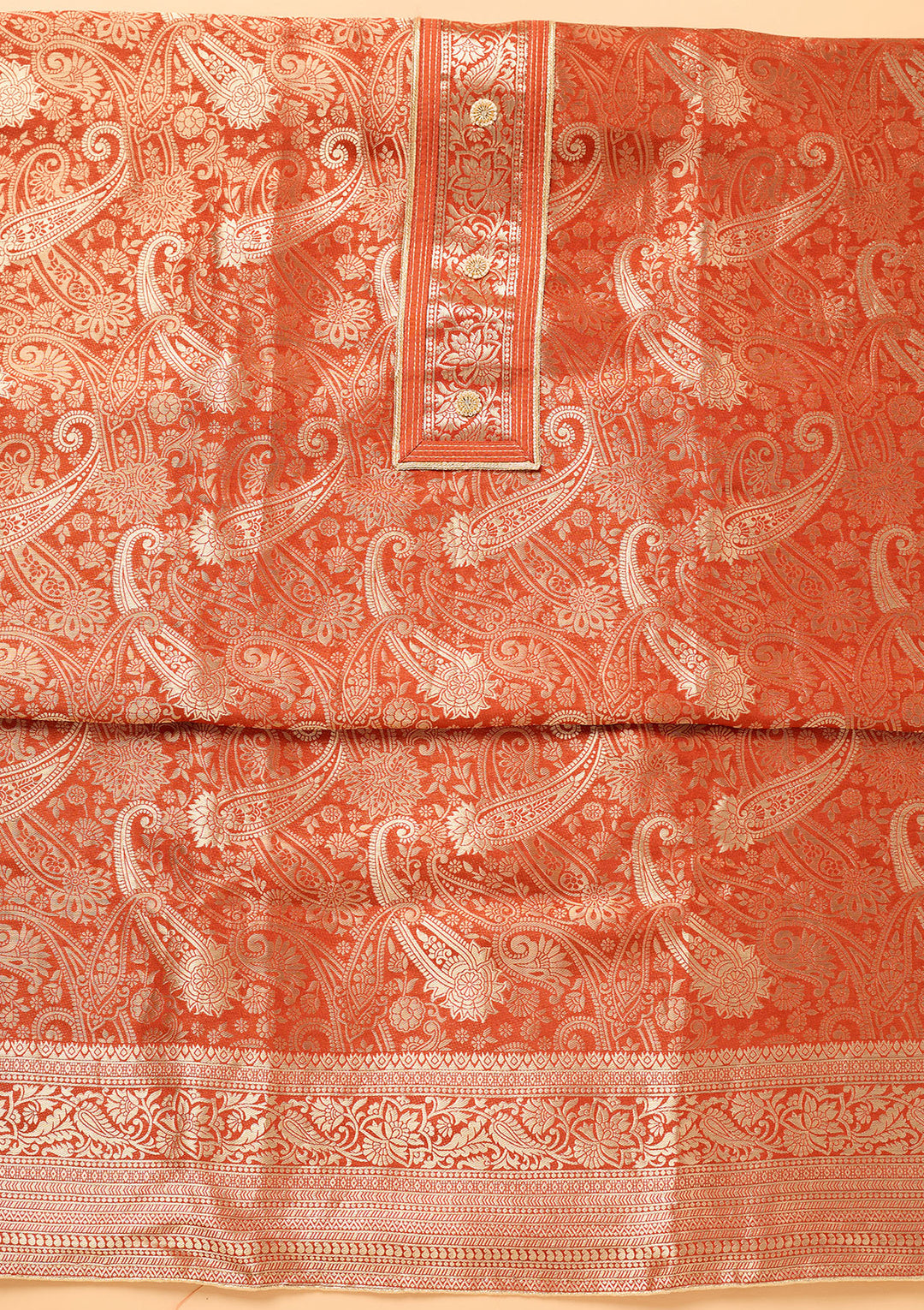 Rust Dola Silk Gold Zariwork Unstitched Dress Material With Matching Bottom And Dupatta