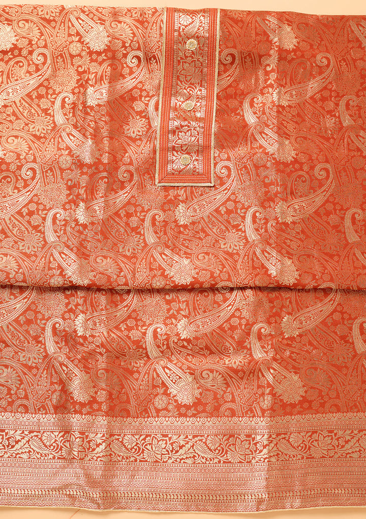 Rust Dola Silk Gold Zariwork Unstitched Dress Material With Matching Bottom And Dupatta