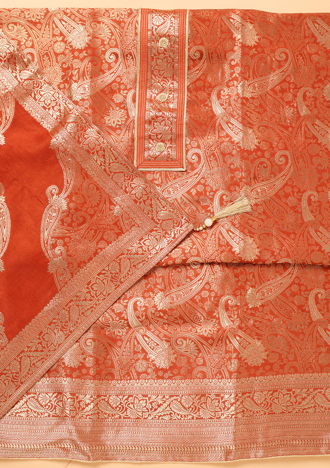 Rust Dola Silk Gold Zariwork Unstitched Dress Material With Matching Bottom And Dupatta