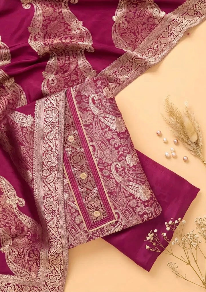 Wine Dola Silk Gold Zariwork Unstitched Dress Material With Matching Bottom And Dupatta