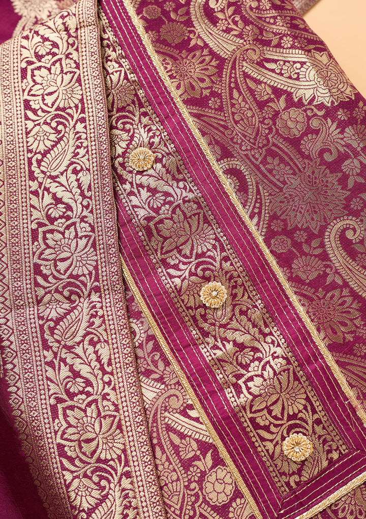 Wine Dola Silk Gold Zariwork Unstitched Dress Material With Matching Bottom And Dupatta