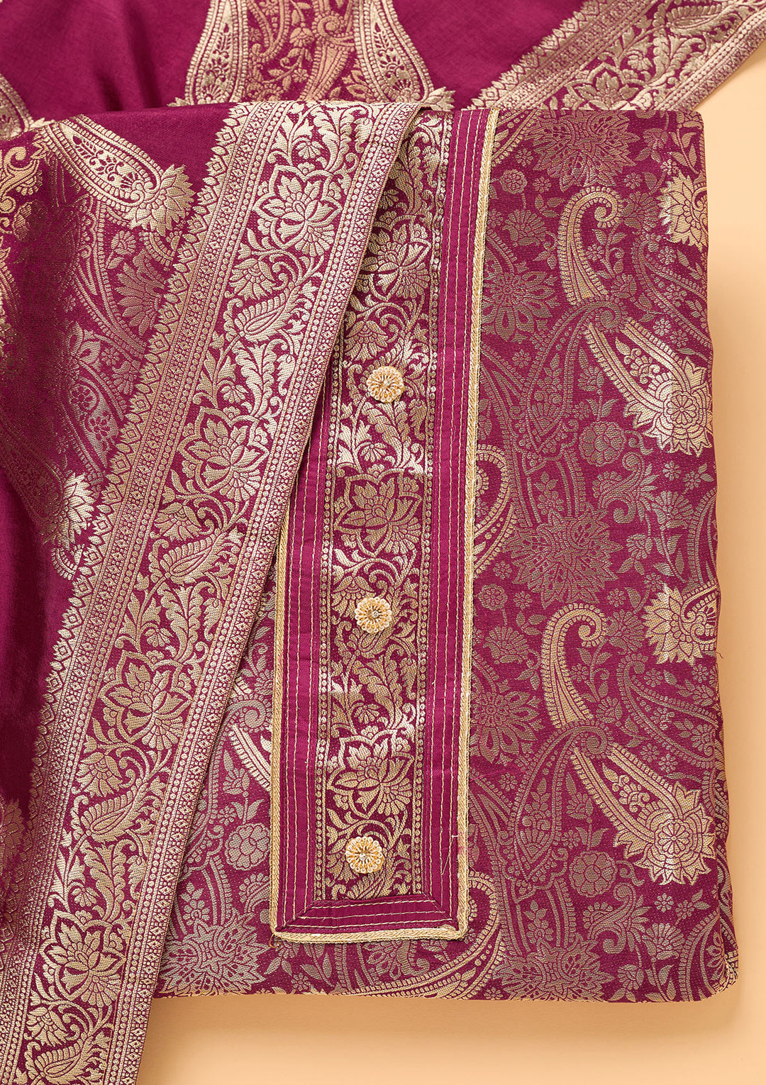 Wine Dola Silk Gold Zariwork Unstitched Dress Material With Matching Bottom And Dupatta