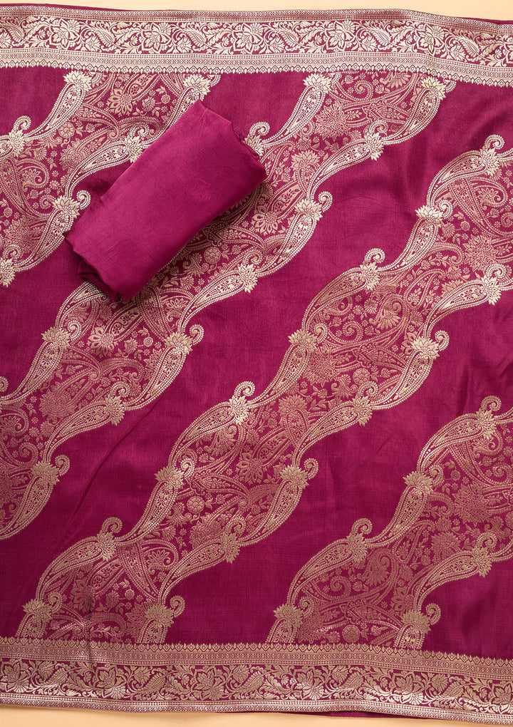 Wine Dola Silk Gold Zariwork Unstitched Dress Material With Matching Bottom And Dupatta