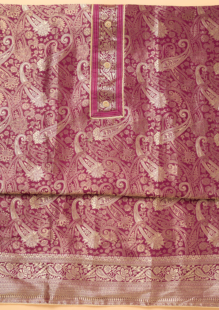 Wine Dola Silk Gold Zariwork Unstitched Dress Material With Matching Bottom And Dupatta