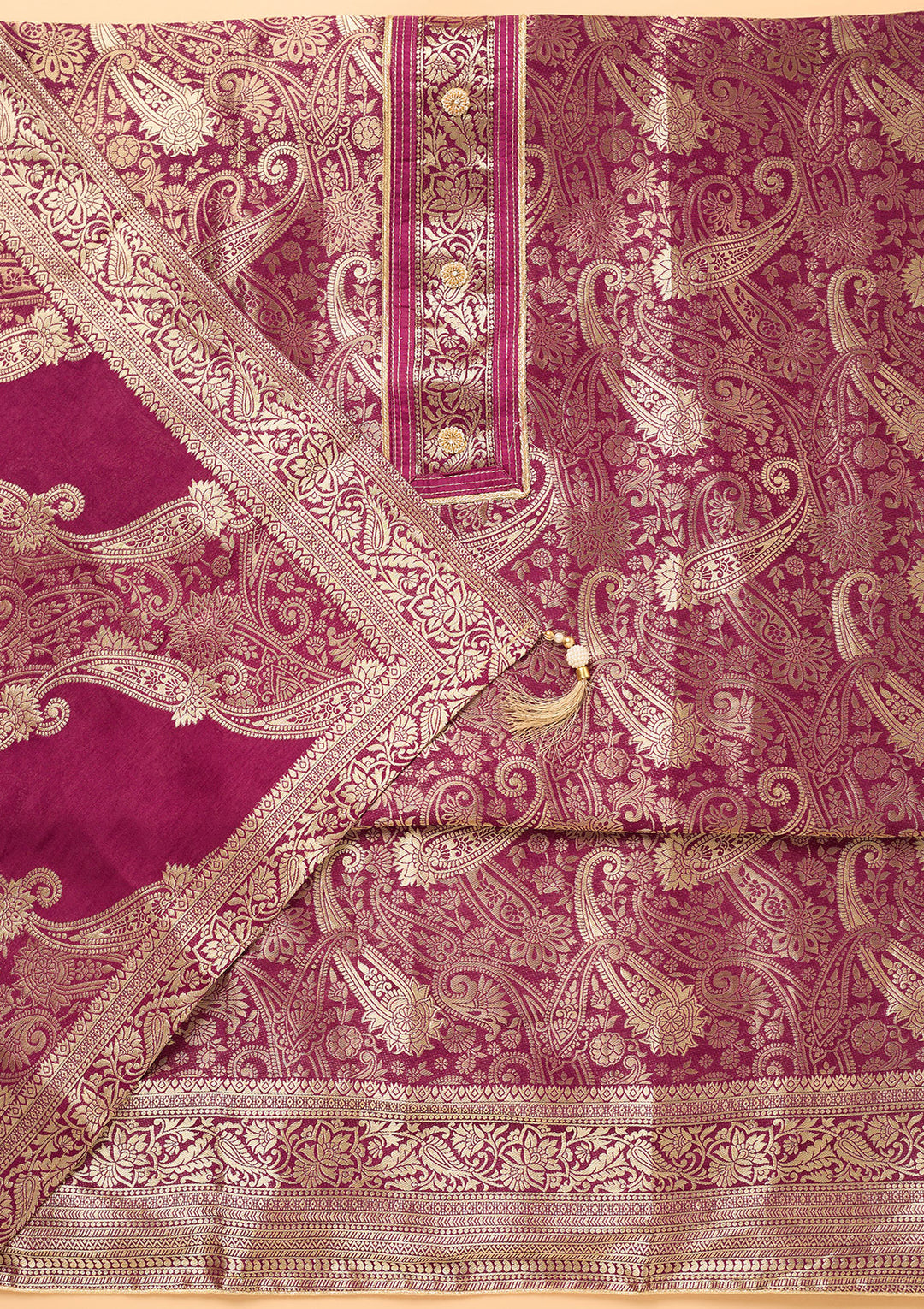 Wine Dola Silk Gold Zariwork Unstitched Dress Material With Matching Bottom And Dupatta