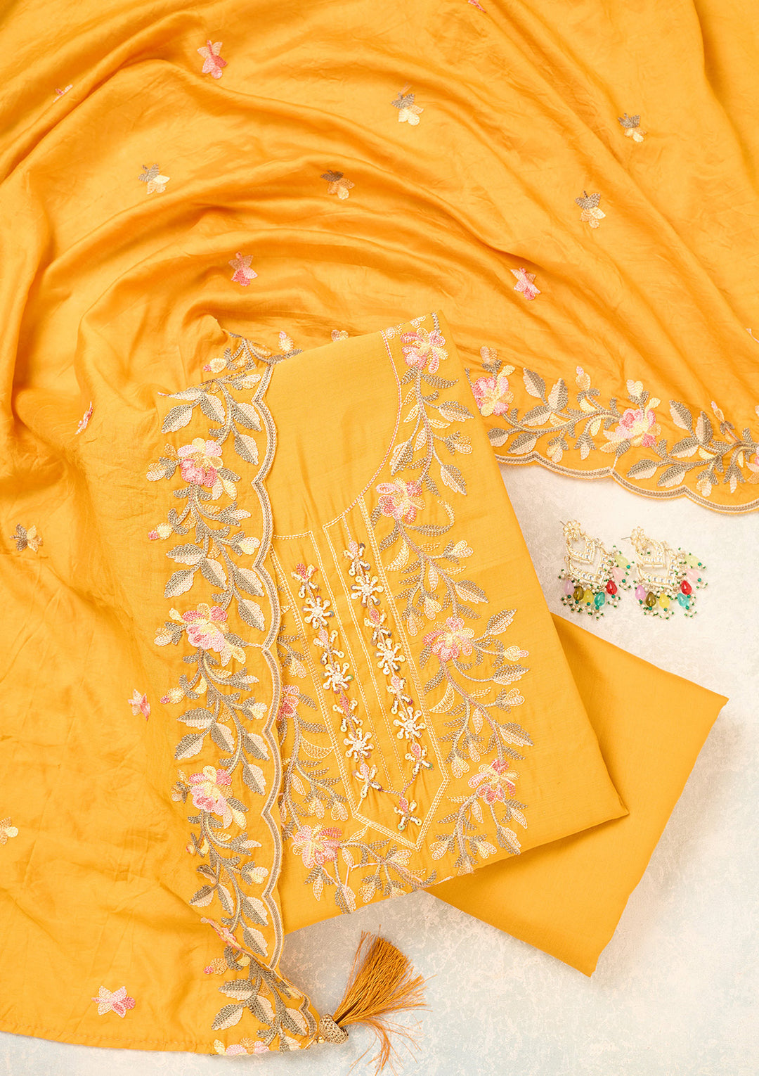 Mustard Semi Crepe Threadwork Unstitched Dress Material With Matching Bottom And Dupatta