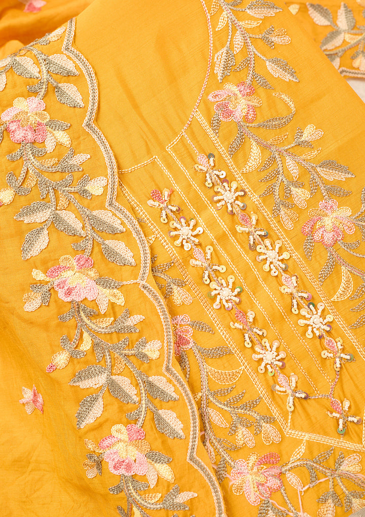 Mustard Semi Crepe Threadwork Unstitched Dress Material With Matching Bottom And Dupatta