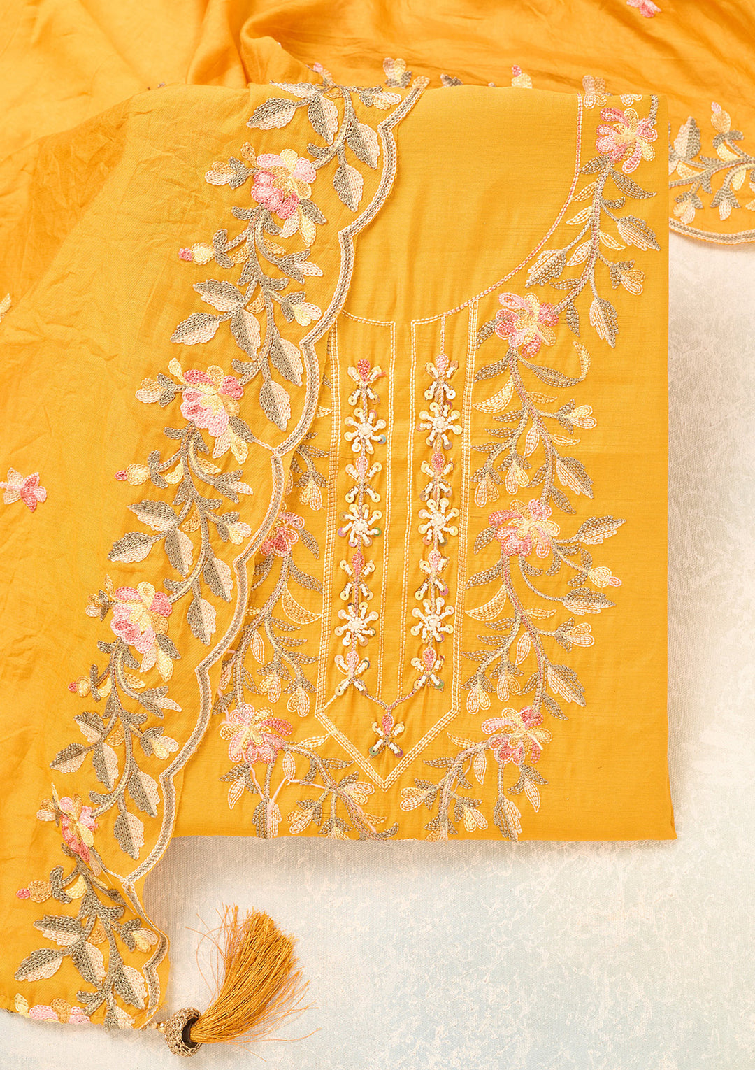 Mustard Semi Crepe Threadwork Unstitched Dress Material With Matching Bottom And Dupatta