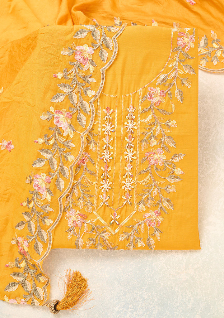 Mustard Semi Crepe Threadwork Unstitched Dress Material With Matching Bottom And Dupatta