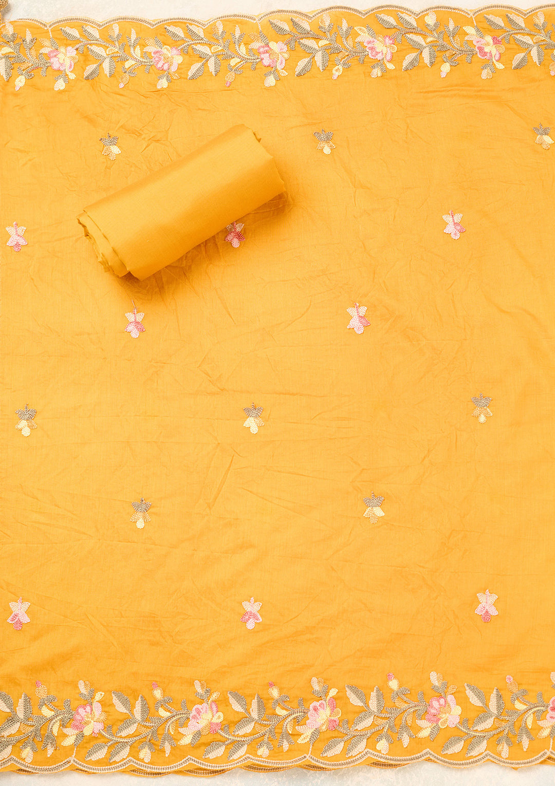 Mustard Semi Crepe Threadwork Unstitched Dress Material With Matching Bottom And Dupatta