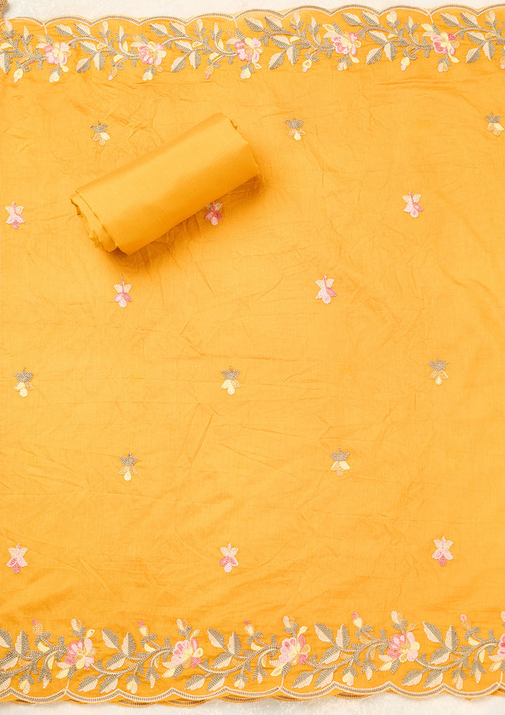 Mustard Semi Crepe Threadwork Unstitched Dress Material With Matching Bottom And Dupatta