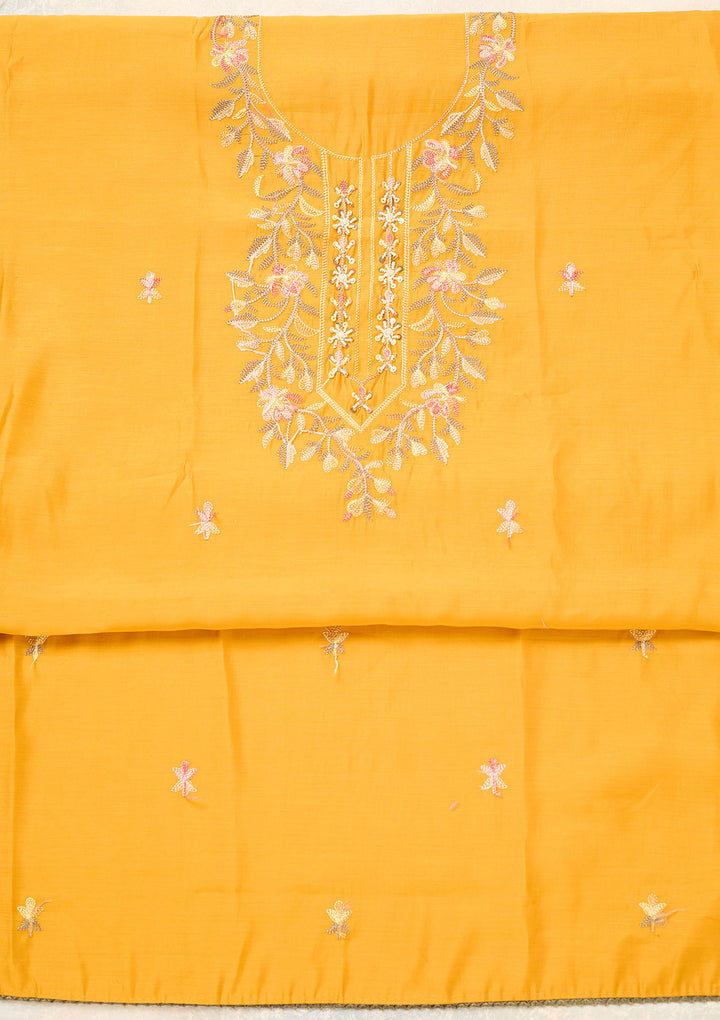 Mustard Semi Crepe Threadwork Unstitched Dress Material With Matching Bottom And Dupatta