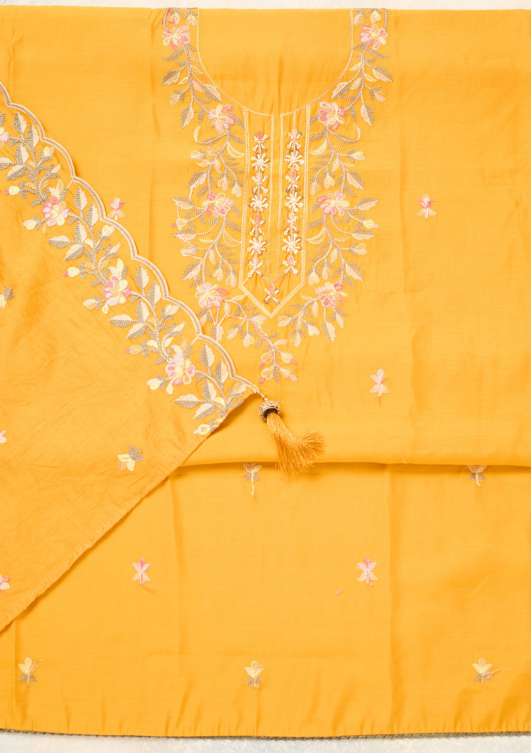 Mustard Semi Crepe Threadwork Unstitched Dress Material With Matching Bottom And Dupatta