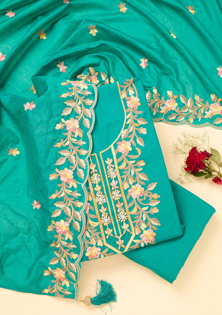 Peacock Green Semi Crepe Threadwork Unstitched Dress Material With Matching Bottom And Dupatta