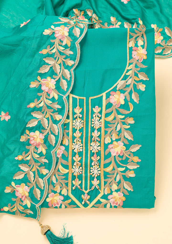 Peacock Green Semi Crepe Threadwork Unstitched Dress Material With Matching Bottom And Dupatta