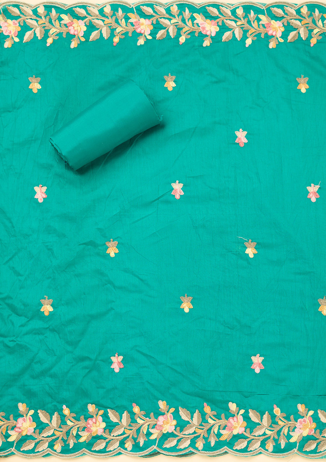 Peacock Green Semi Crepe Threadwork Unstitched Dress Material With Matching Bottom And Dupatta