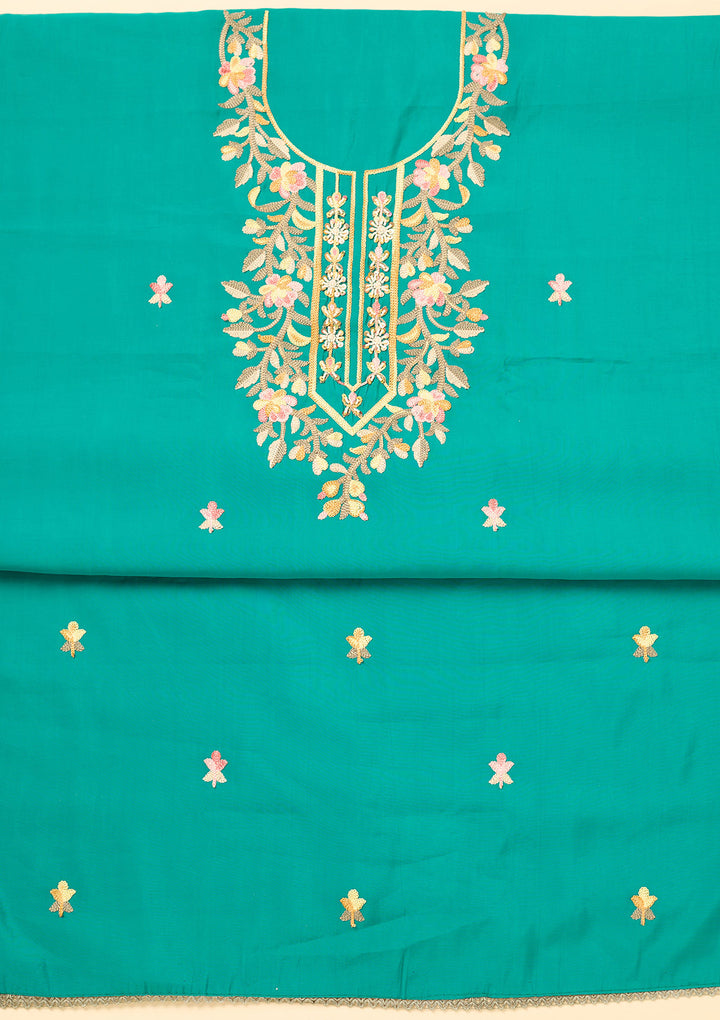 Peacock Green Semi Crepe Threadwork Unstitched Dress Material With Matching Bottom And Dupatta