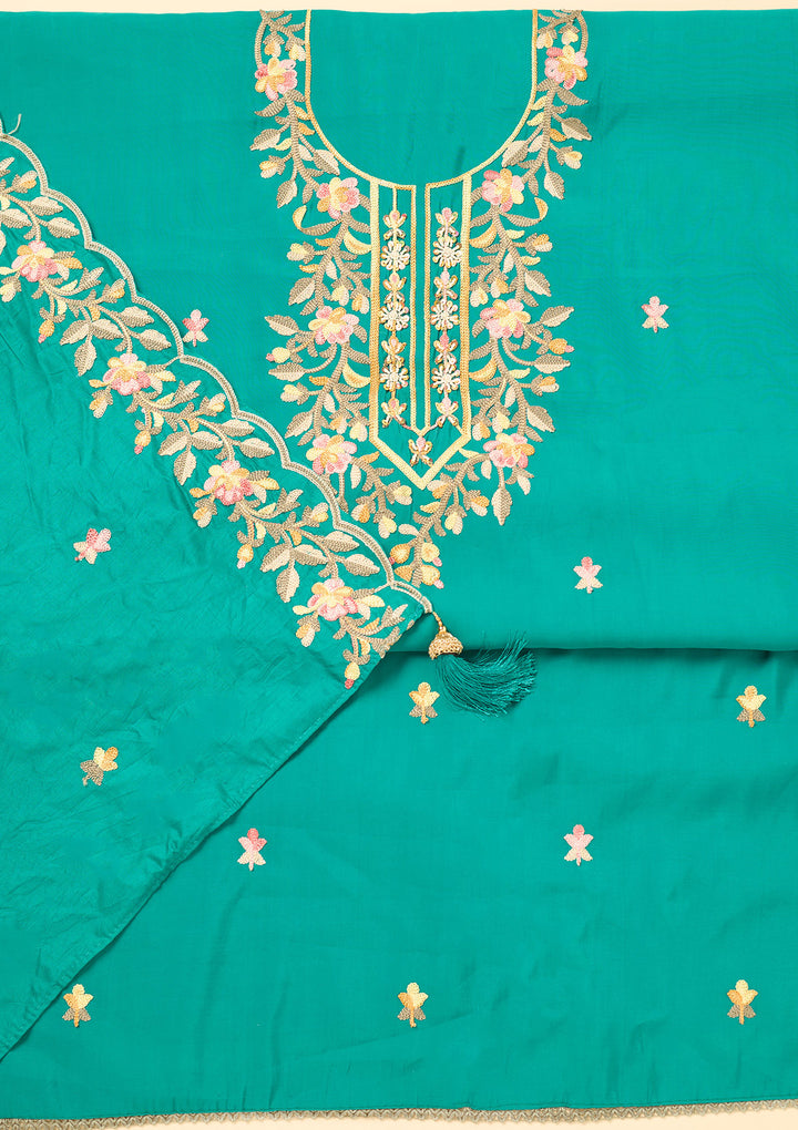 Peacock Green Semi Crepe Threadwork Unstitched Dress Material With Matching Bottom And Dupatta