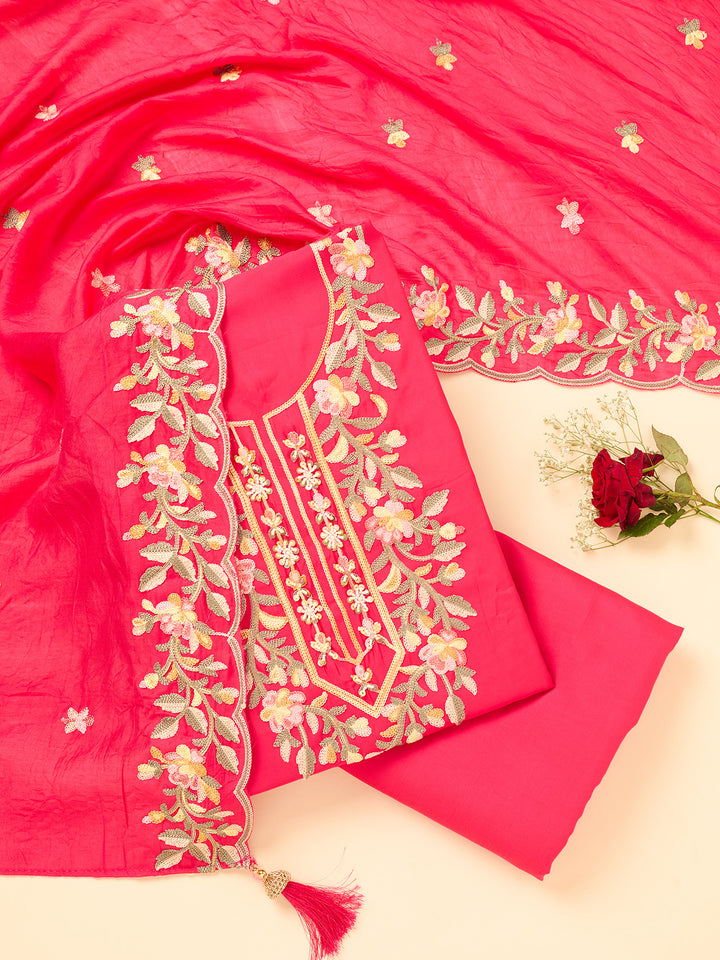 Rani Pink Semi Crepe Threadwork Unstitched Dress Material With Matching Bottom And Dupatta