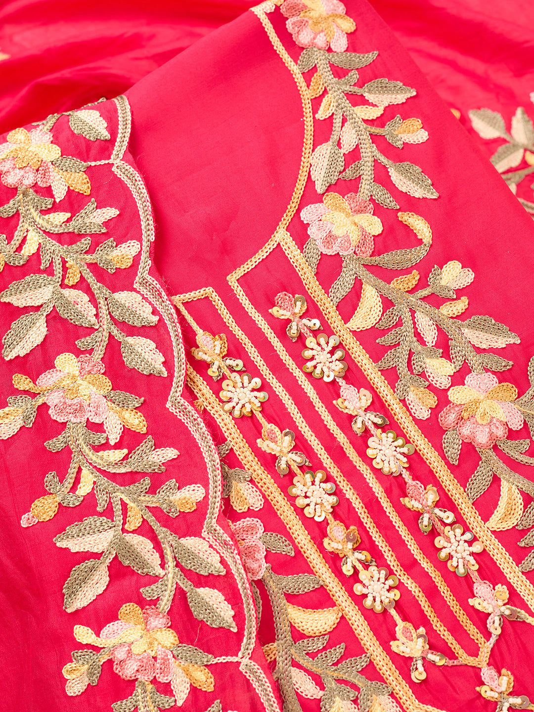 Rani Pink Semi Crepe Threadwork Unstitched Dress Material With Matching Bottom And Dupatta