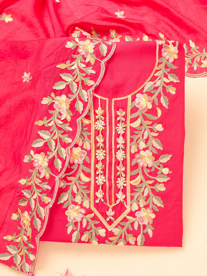 Rani Pink Semi Crepe Threadwork Unstitched Dress Material With Matching Bottom And Dupatta