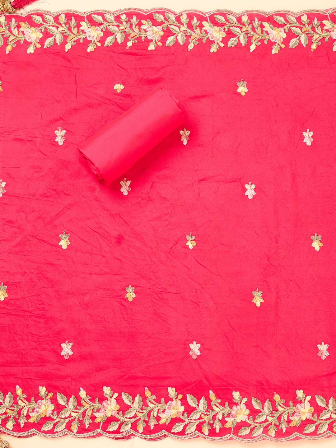 Rani Pink Semi Crepe Threadwork Unstitched Dress Material With Matching Bottom And Dupatta