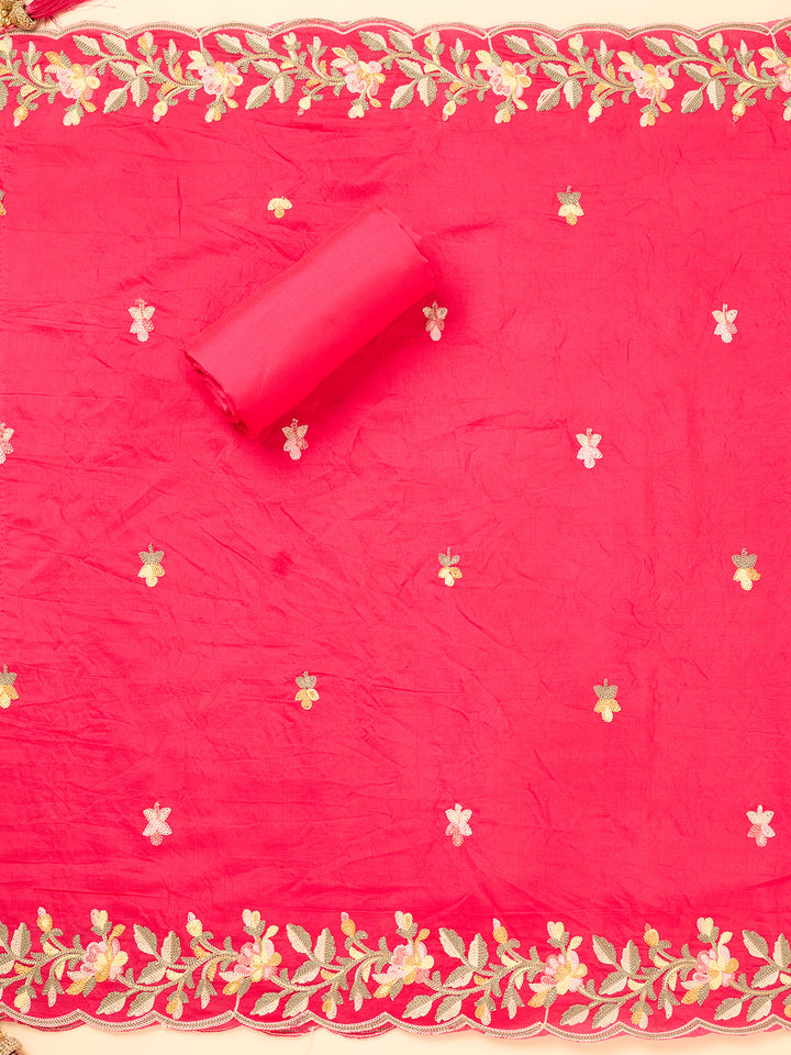 Rani Pink Semi Crepe Threadwork Unstitched Dress Material With Matching Bottom And Dupatta