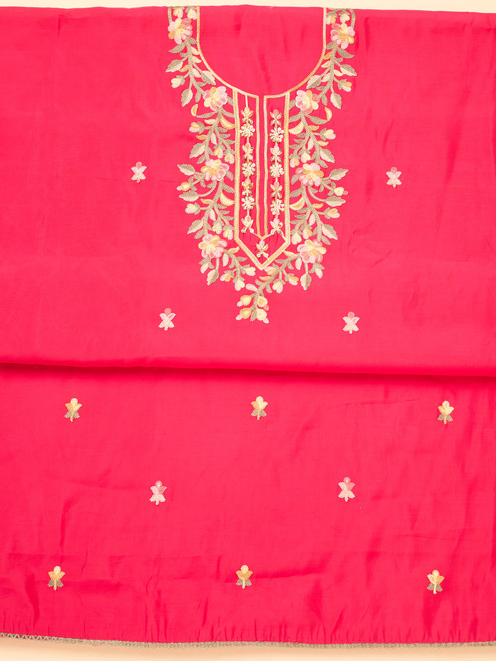 Rani Pink Semi Crepe Threadwork Unstitched Dress Material With Matching Bottom And Dupatta