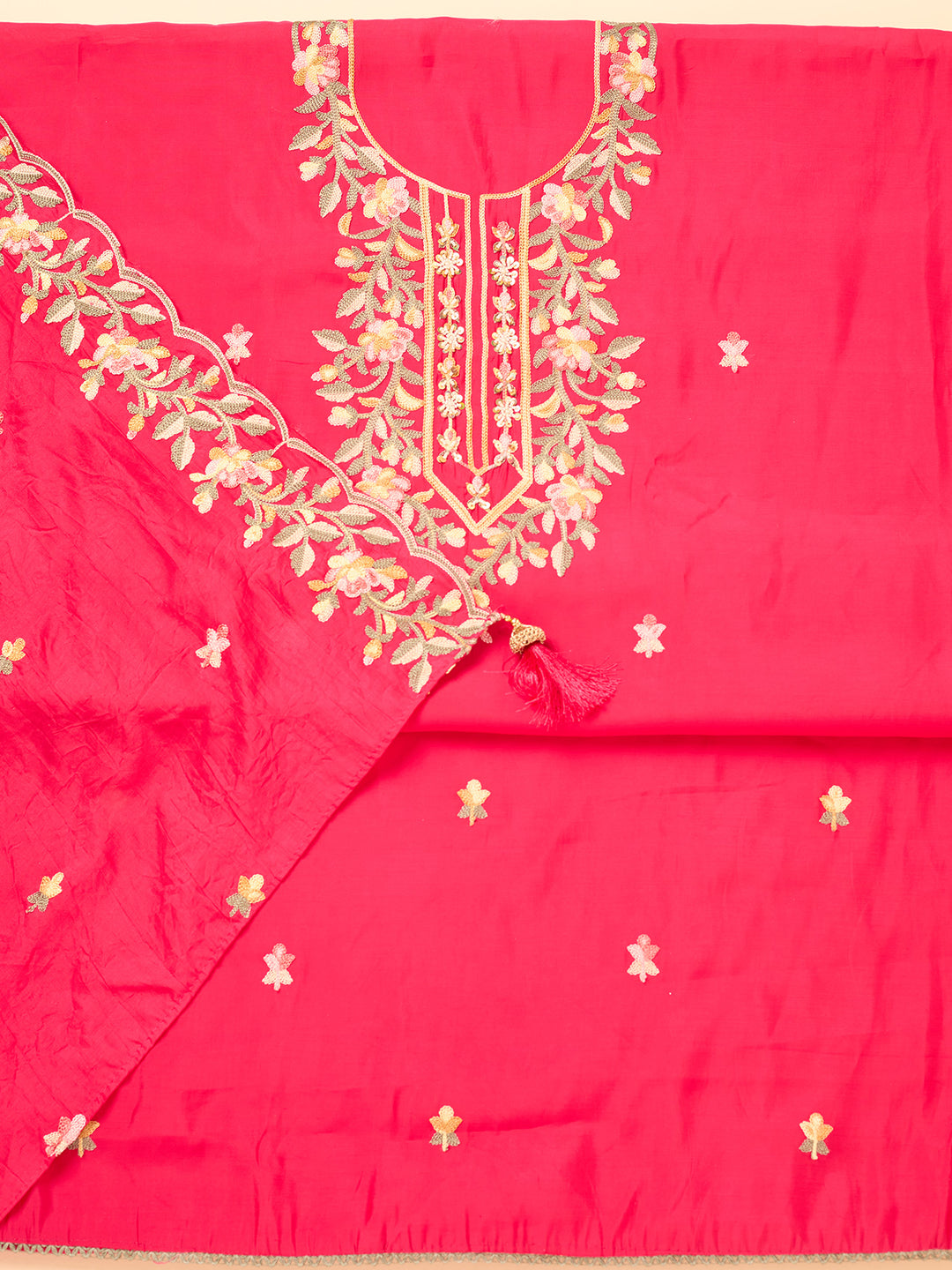 Rani Pink Semi Crepe Threadwork Unstitched Dress Material With Matching Bottom And Dupatta
