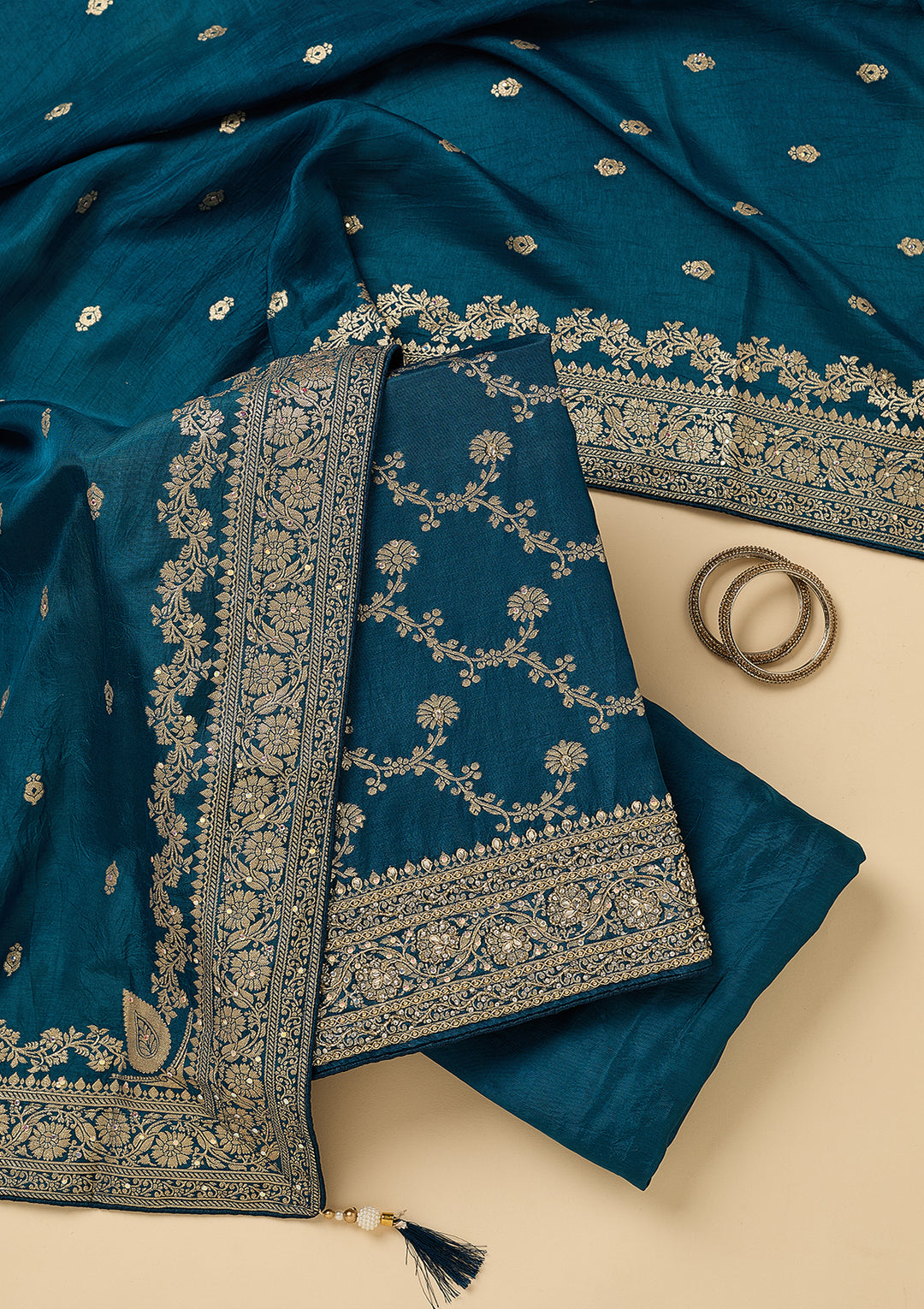 Peacock Blue Dola Silk Gold Zariwork Unstitched Dress Material With Matching Bottom And Dupatta