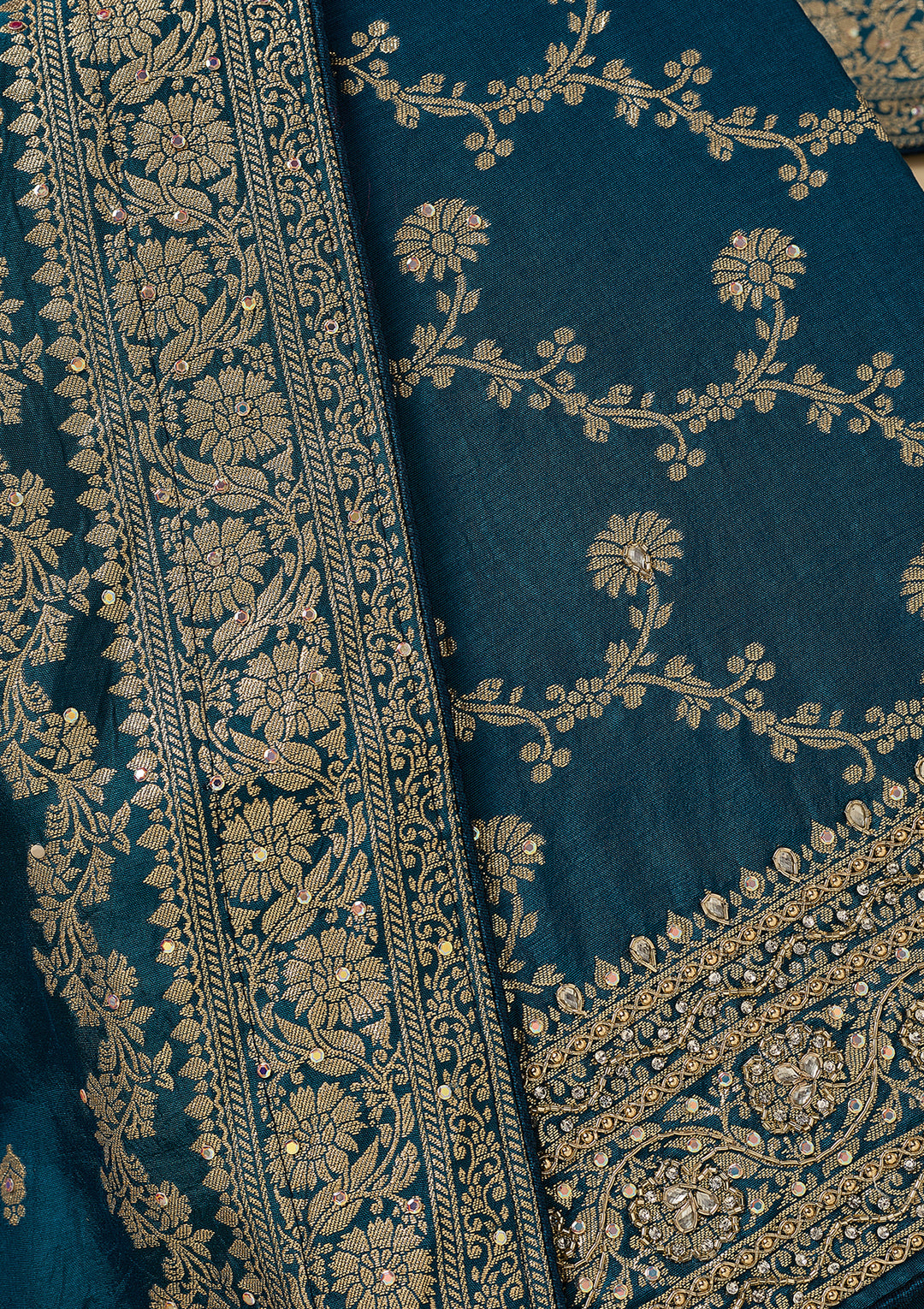 Peacock Blue Dola Silk Gold Zariwork Unstitched Dress Material With Matching Bottom And Dupatta