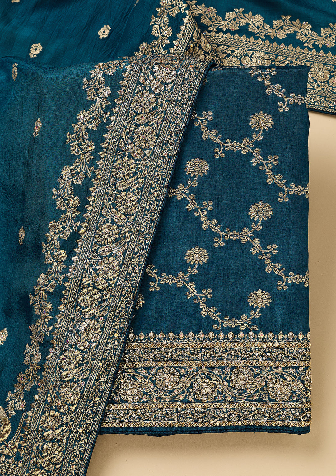 Peacock Blue Dola Silk Gold Zariwork Unstitched Dress Material With Matching Bottom And Dupatta