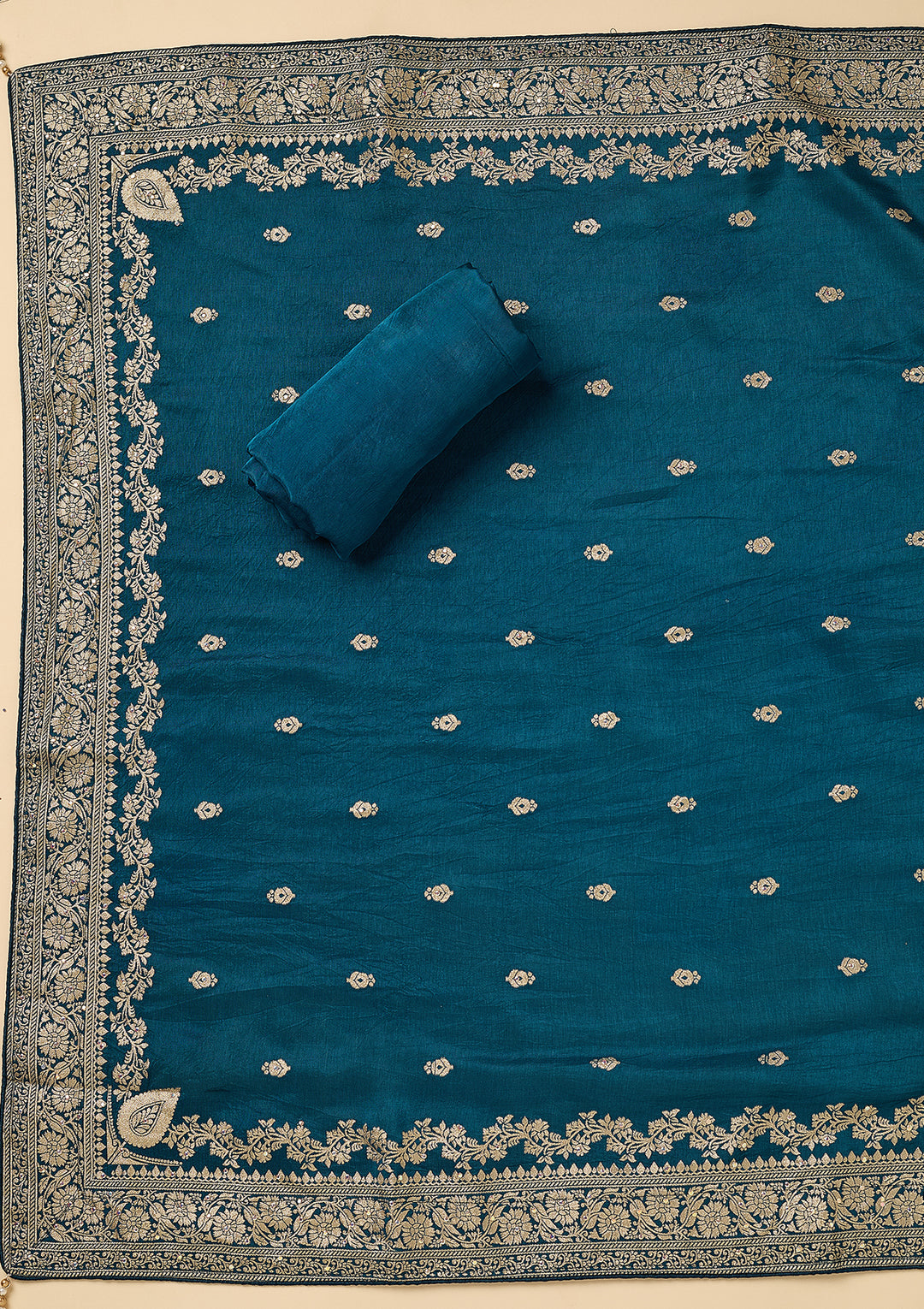 Peacock Blue Dola Silk Gold Zariwork Unstitched Dress Material With Matching Bottom And Dupatta