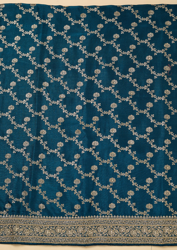 Peacock Blue Dola Silk Gold Zariwork Unstitched Dress Material With Matching Bottom And Dupatta