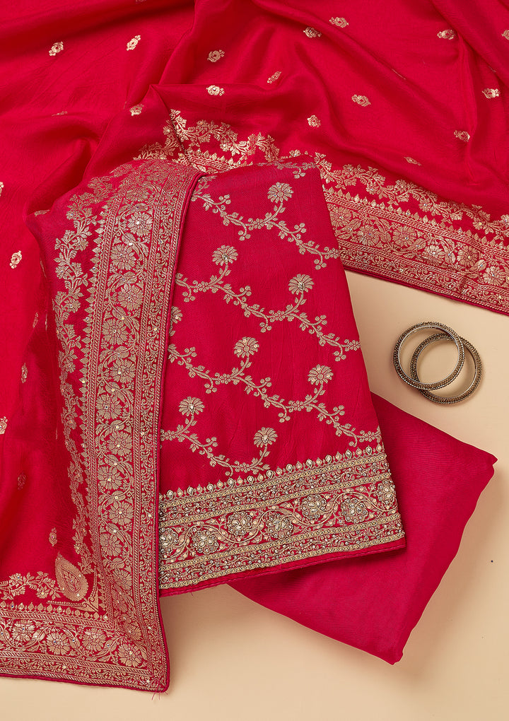 Rani Pink Dola Silk Gold Zariwork Unstitched Dress Material With Matching Bottom And Dupatta