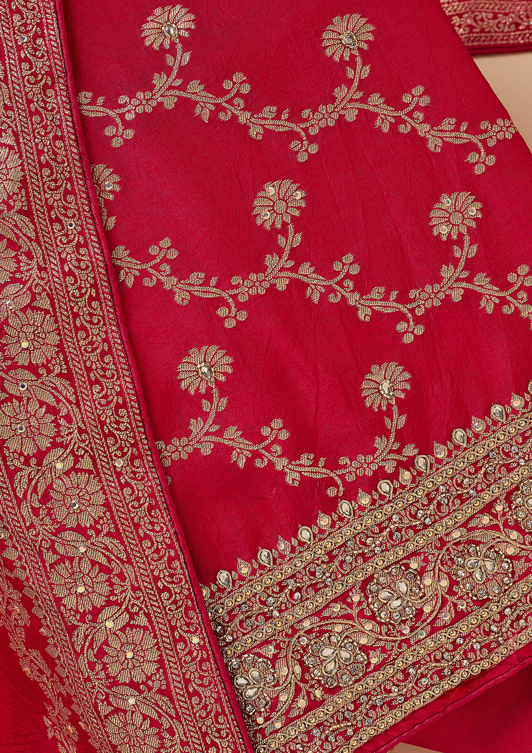 Rani Pink Dola Silk Gold Zariwork Unstitched Dress Material With Matching Bottom And Dupatta