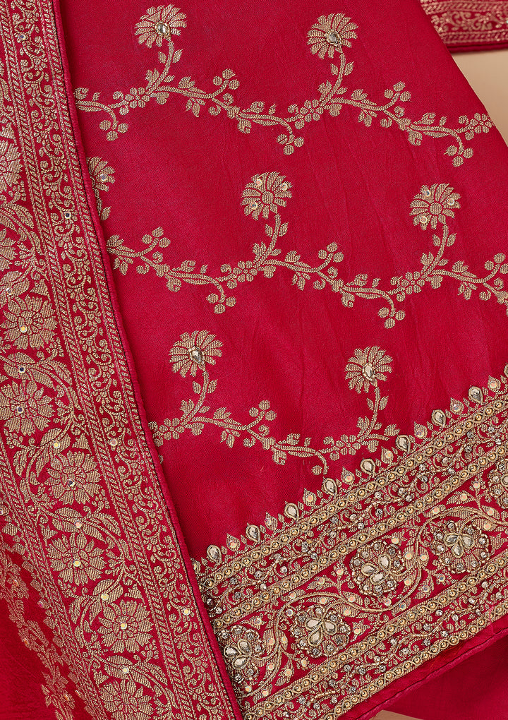 Rani Pink Dola Silk Gold Zariwork Unstitched Dress Material With Matching Bottom And Dupatta
