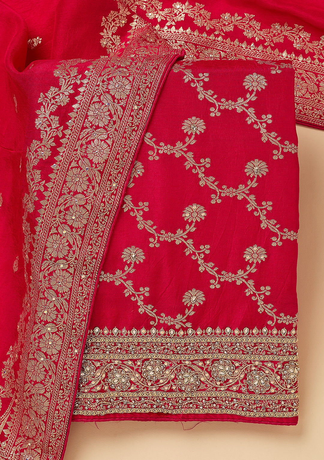 Rani Pink Dola Silk Gold Zariwork Unstitched Dress Material With Matching Bottom And Dupatta