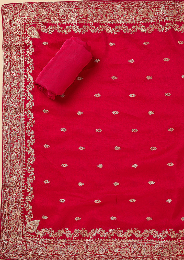 Rani Pink Dola Silk Gold Zariwork Unstitched Dress Material With Matching Bottom And Dupatta