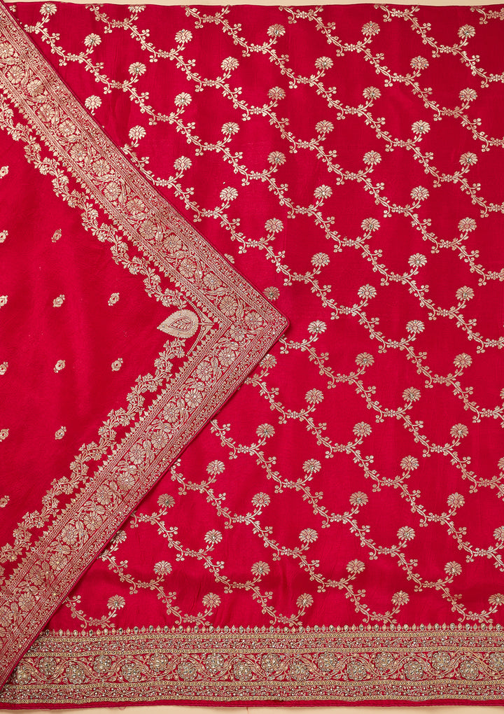 Rani Pink Dola Silk Gold Zariwork Unstitched Dress Material With Matching Bottom And Dupatta