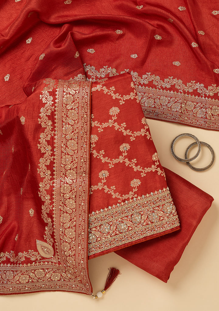 Rust Dola Silk Gold Zariwork Unstitched Dress Material With Matching Bottom And Dupatta