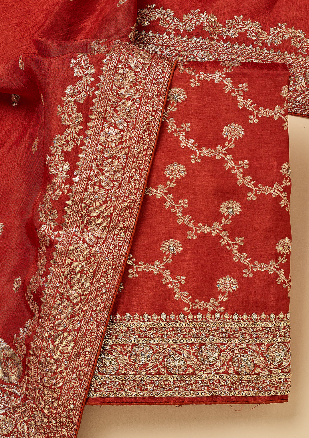 Rust Dola Silk Gold Zariwork Unstitched Dress Material With Matching Bottom And Dupatta