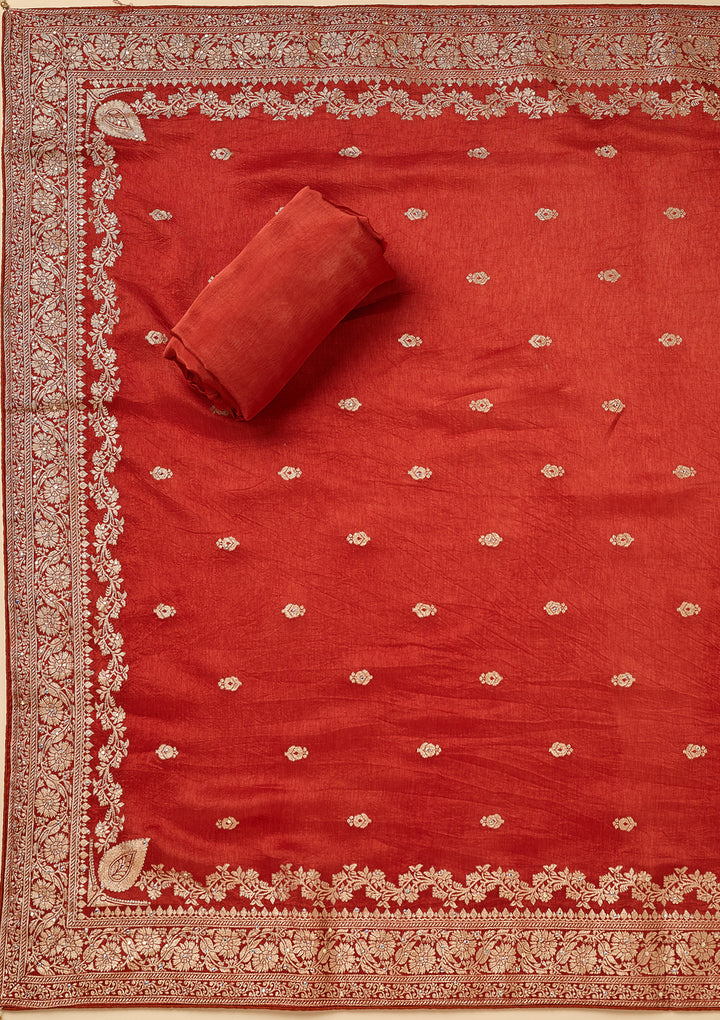 Rust Dola Silk Gold Zariwork Unstitched Dress Material With Matching Bottom And Dupatta
