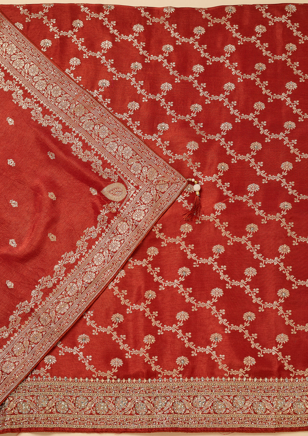 Rust Dola Silk Gold Zariwork Unstitched Dress Material With Matching Bottom And Dupatta